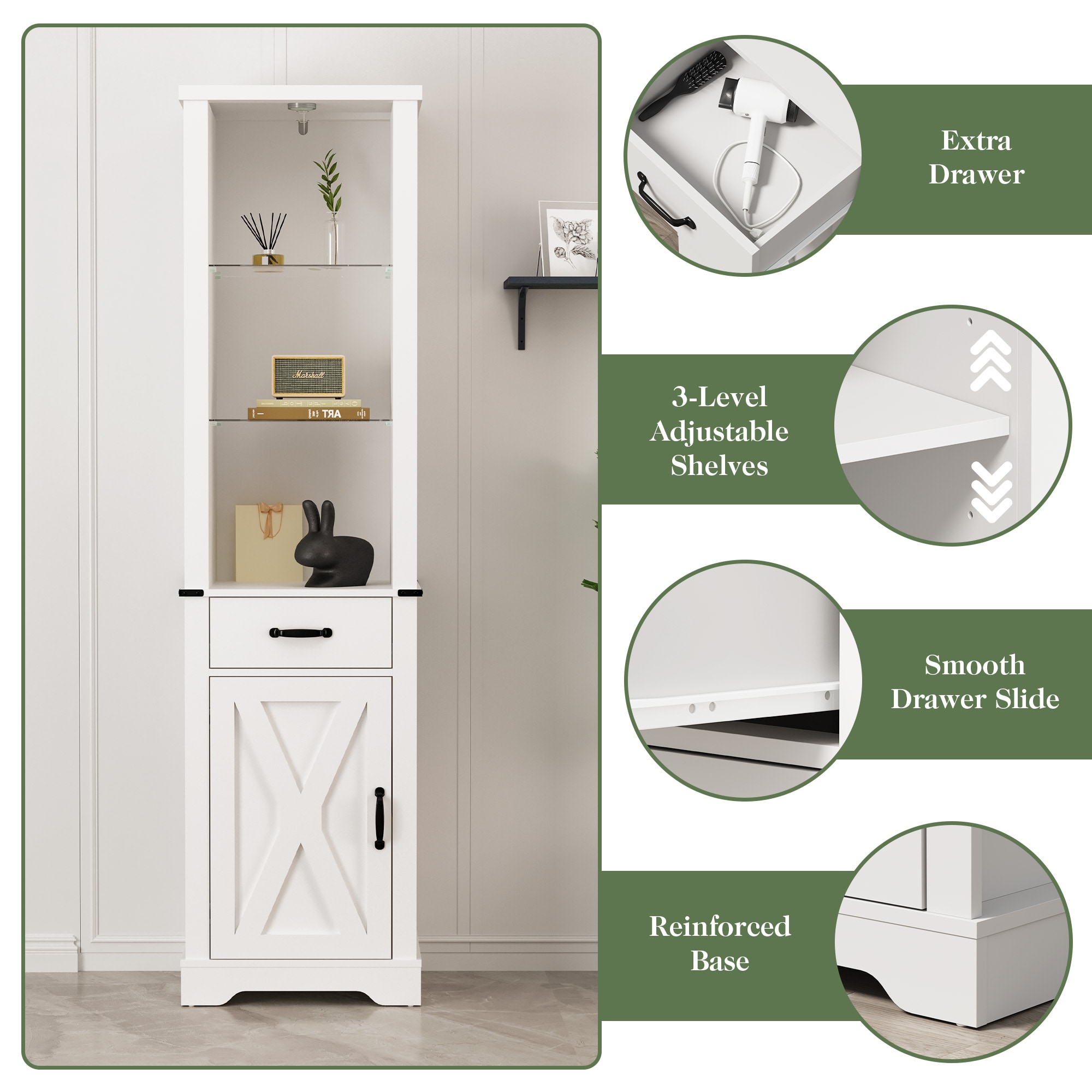 75'' Tall Storage Cabinet With LED Light, Farmhouse Pantry Cabinet With Tempered Glass Adjustable Shelves & Barn Door, Freestanding Linen Tower For Bathroom, Living Room, Kitchen, White_voghion.com